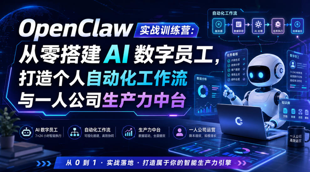 OpenClaw实战训练营：从零搭建AI数字员工，打造个人自动化工作流与一人公司生产力中台-创业资源网