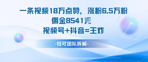 一条视频18W点赞，涨粉6.5W粉佣金8541米，视频号+抖音=王炸-创业资源网