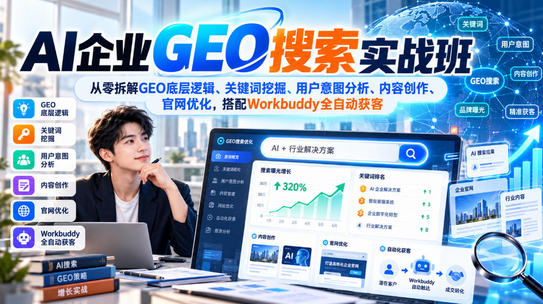 AI企业GEO搜索实战班，从零拆解GEO底层逻辑、关键词挖掘、用户意图分析、内容创作、官网优化，搭配Workbuddy全自动获客-创业资源网