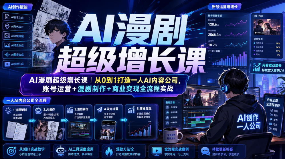 AI漫剧超级增长课｜从0到1打造一人AI内容公司，账号运营+漫剧制作+商业变现全流程实战-创业资源网