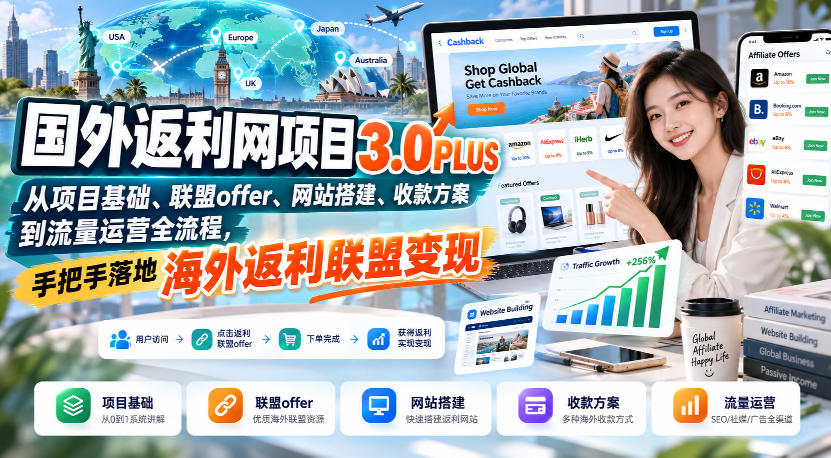 国外返利网项目3.0PLUS，从项目基础、联盟offer、网站搭建、收款方案到流量运营全流程，手把手落地海外返利联盟变现-创业资源网