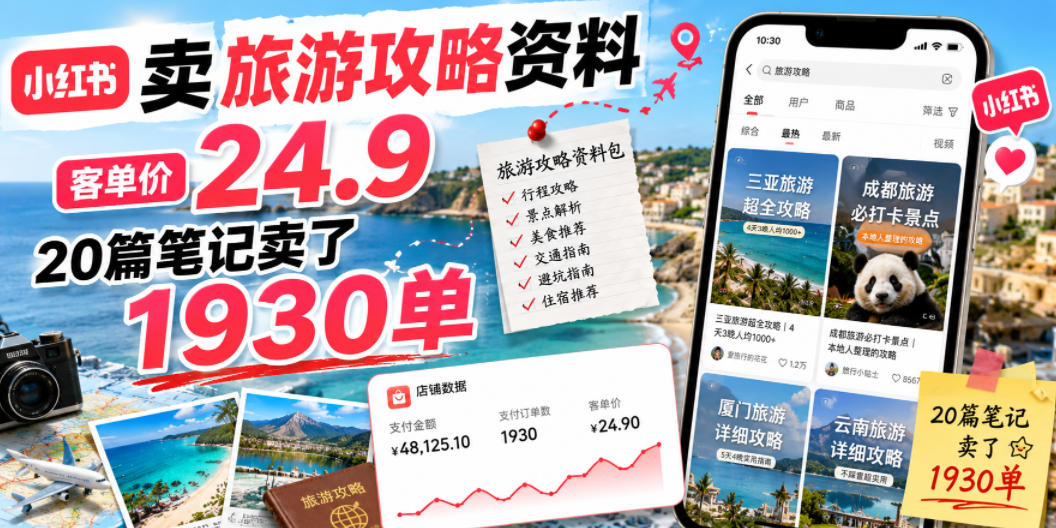 小红书卖旅游攻略资料，客单价24.9，20篇笔记卖了1930单！-创业资源网