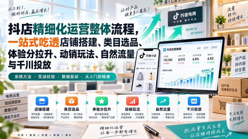李哥电商-抖店精细化运营整体流程，一站式吃透店铺搭建、类目选品、体验分拉升、动销玩法、自然流量与千川投放-创业资源网