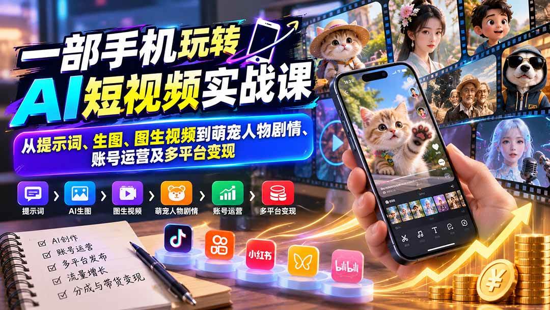 （20663期）一部手机玩转AI短视频实战课：从提示词、生图、图生视频到萌宠人物剧情、账号运营及多平台变现-创业资源网
