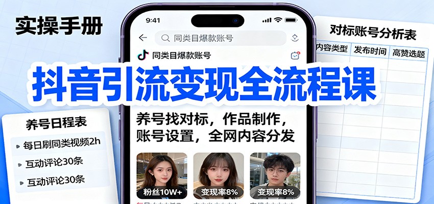 抖音引流变现全流程课：养号找对标，作品制作，账号设置，全网内容分发-创业资源网
