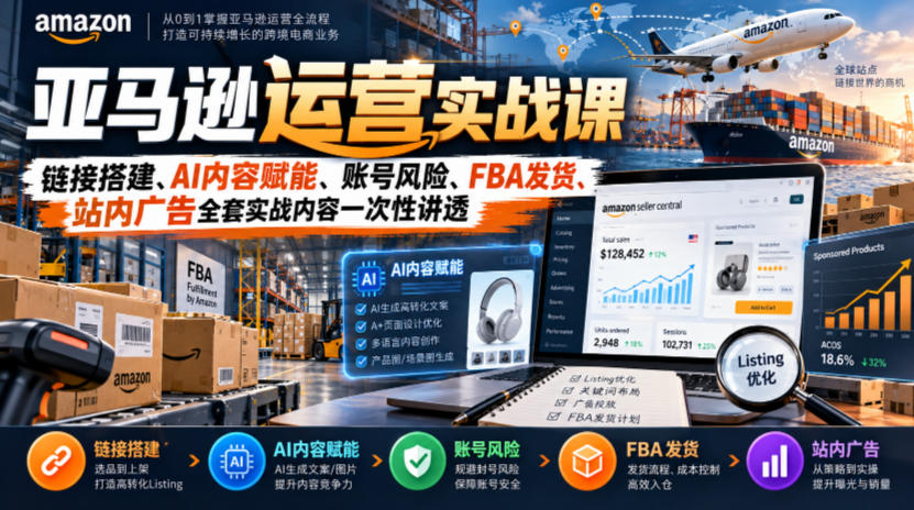 亚马逊运营实战课，链接搭建、AI内容赋能、账号风险、FBA发货、站内广告全套实战内容一次性讲透-创业资源网