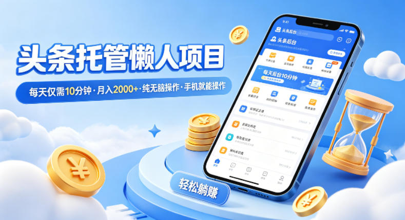头条托管懒人项目，每天仅需10分钟，月入2000+，纯无脑操作，手机就能操作【揭秘】-创业资源网