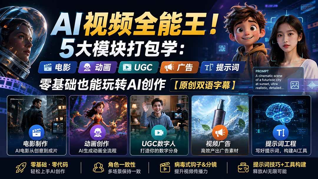 （20048期）AI视频全能王！5大模块打包学：电影、动画、UGC、广告、提示词，零基础也能玩转AI创作【原创双语字幕】-创业资源网