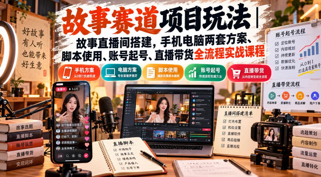 故事赛道项目玩法｜故事直播间搭建，手机电脑两套方案、脚本使用、账号起号、直播带货全流程实战课程-创业资源网