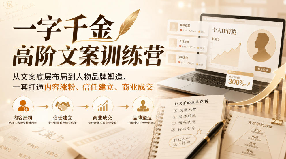一字千金高阶文案训练营，从文案底层布局到人物品牌塑造，一套打通内容涨粉、信任建立、商业成交-创业资源网