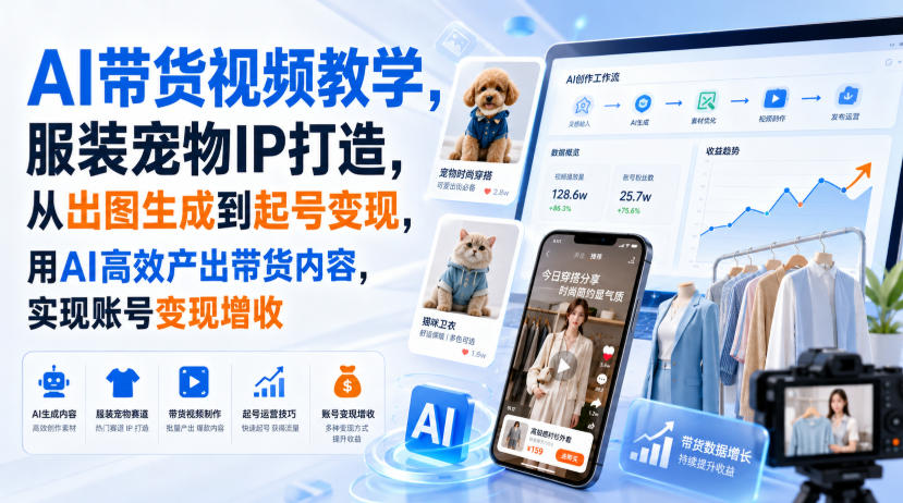 AI带货视频教学，服装宠物IP打造，从出图生成到起号变现，用AI高效产出带货内容，实现账号变现增收-创业资源网