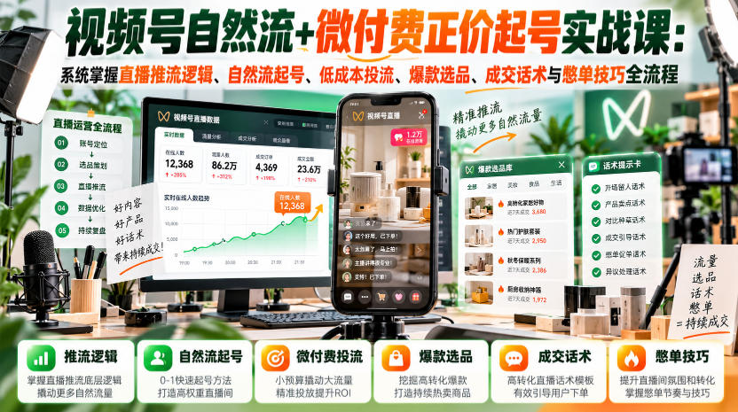视频号自然流+微付费正价起号实战课：系统掌握直播推流逻辑、自然流起号、低成本投流、爆款选品、成交话术与憋单技巧全流程-创业资源网
