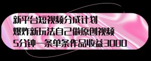 新平台短视频分成计划,爆炸新玩法,自己做原创视频5分钟一条单条作品收益1000-创业资源网
