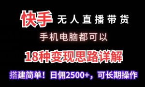 快手无人直播带货，手机电脑都可以，18种变现思路详解，搭建简单日佣2500+【揭秘】-创业资源网