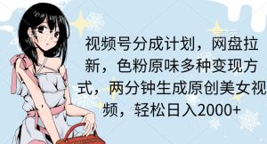 两分钟生成原创美女视频，流量巨大，视频号分成计划，网盘拉新，色粉原味多种变现方式，轻松日入2000+-创业资源网