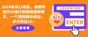 2024年风口项目，视频号创作分成计划加短视频带货，一个视频两份收益，单日收益1k+-创业资源网