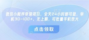 小程序转现新项目，24小时24钟头都可以做，单机版30-100 ，无限制，可大批量手机放大-创业资源网