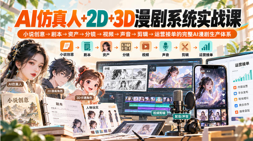 【无水印】AI仿真人+2D+3D漫剧系统实战课，小说创意→剧本→资产→分镜→视频→声音→剪辑→运营接单的完整AI漫剧生产体系-创业资源网