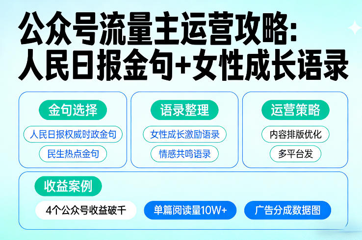 利用人民日报金句+女性成长语录做公众号流量主，4个公众号收益破千-创业资源网