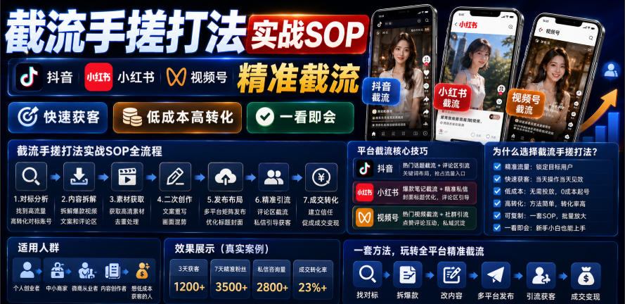截流手搓打法实战SOP，抖音小红书视频号精准截流，快速获客，低成本高转化，一看即会-创业资源网