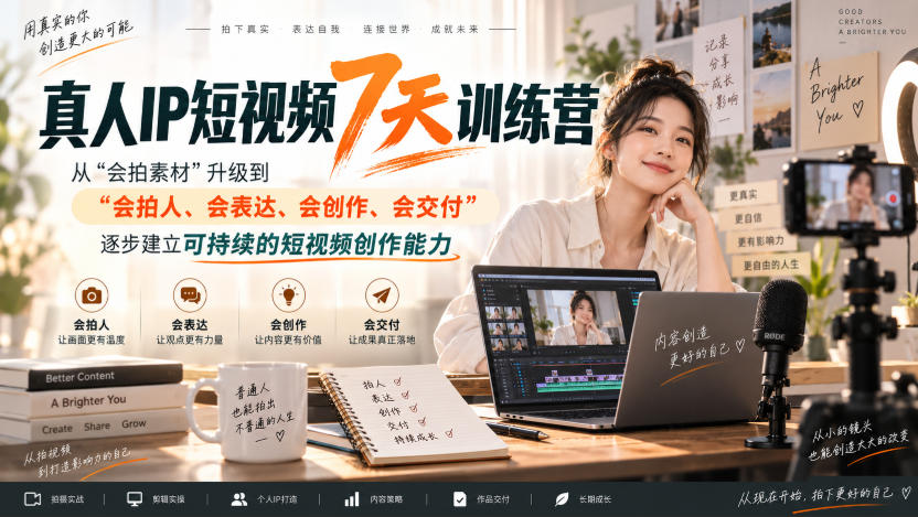 真人IP短视频7天训练营,从“会拍素材”升级到“会拍人、会表达、会创作、会交付”,逐步建立可持续的短视频创作能力-创业资源网