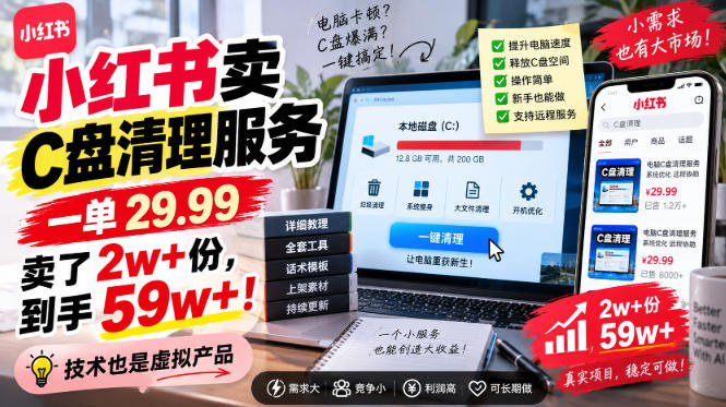 小红书卖C盘清理服务，一单29.99，卖了2w+份，技术也是虚拟产品-创业资源网