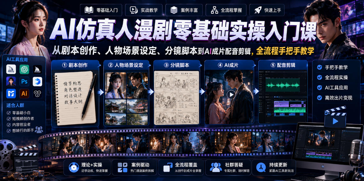 AI仿真人漫剧零基础实操入门课,从剧本创作、人物场景设定、分镜脚本到AI成片配音剪辑,全流程手把手教学-创业资源网