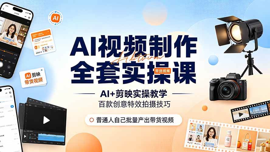（19200期）AI视频制作全套实操课，多款AI工具搭配剪映教学，百种特效运镜拍摄实操，抖音账号带货运营全覆盖-创业资源网