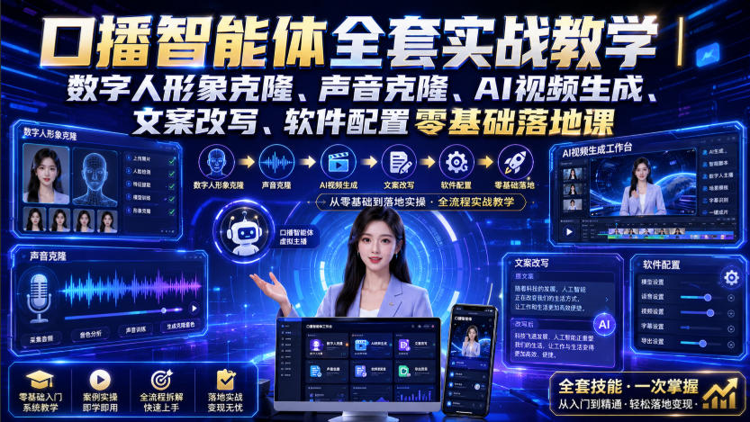 口播智能体全套实战教学|数字人形象克隆、声音克隆、AI视频生成、文案改写、软件配置零基础落地课-创业资源网
