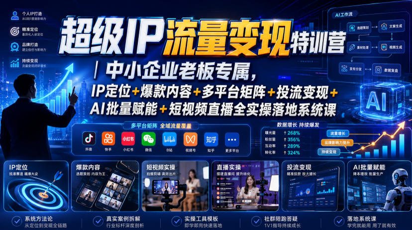 超级IP流量变现特训营|中小企业老板专属,IP定位+爆款内容+多平台矩阵+投流变现+AI批量赋能+短视频直播全实操落地系统课-创业资源网