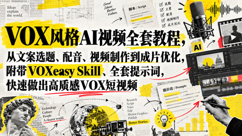 VOX风格AI视频全套教程，从文案选题、配音、视频制作到成片优化，附带VOXeasy Skill、全套提示词，快速做出高质感VOX短视频-创业资源网