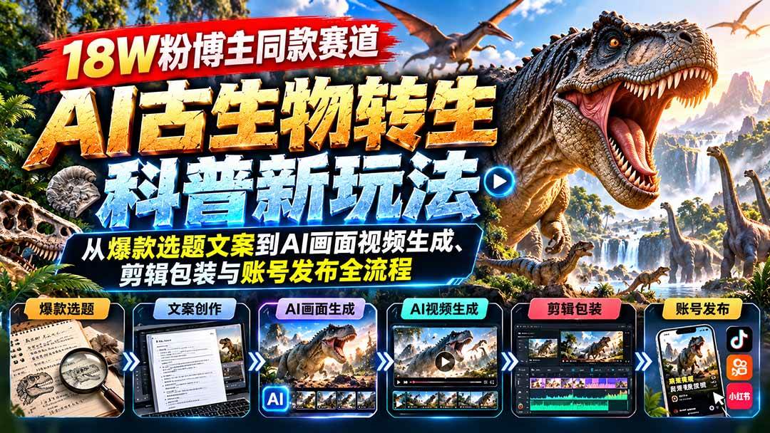（20833期）18W粉博主同款赛道-AI古生物转生科普新玩法：从爆款选题文案到AI画面视频生成、剪辑包装与账号发布全流程-创业资源网