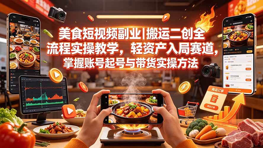 （19535期）美食短视频副业｜搬运二创全流程实操教学，轻资产入局赛道，掌握账号起号与带货实操方法-创业资源网