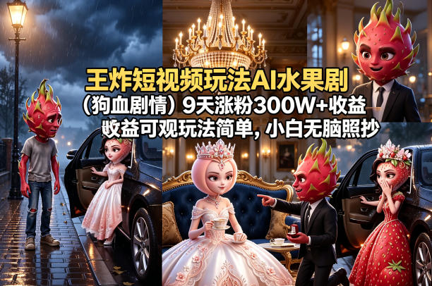 王炸短视频玩法AI水果剧（狗血剧情）9天涨粉300W+收益可观玩法简单，小白无脑照抄，详细拆解玩法-创业资源网
