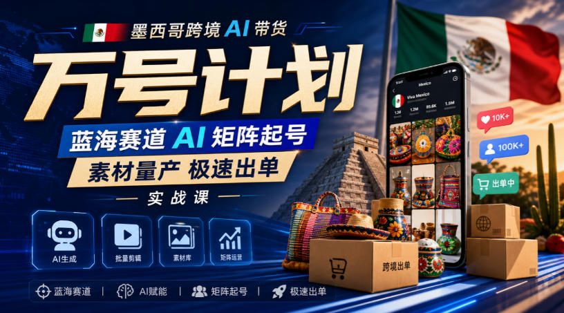 墨西哥跨境AI带货万号计划，蓝海赛道AI矩阵起号，素材量产极速出单实战课-创业资源网