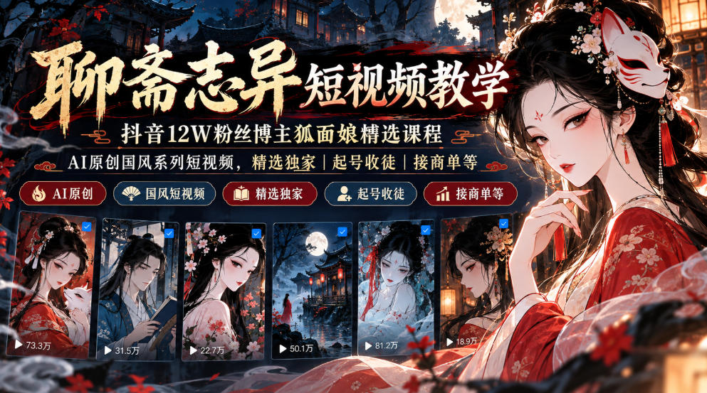 聊斋志异短视频教学，抖音12W粉丝博主狐面娘精选课程，AI原创国风系列短视频，精选独家丨起号收徒丨接商单等-创业资源网