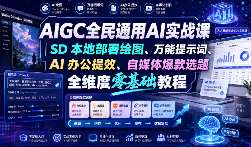 AIGC全民通用AI实战课｜SD本地部署绘图、万能提示词、AI办公提效、自媒体爆款选题全维度零基础教程-创业资源网