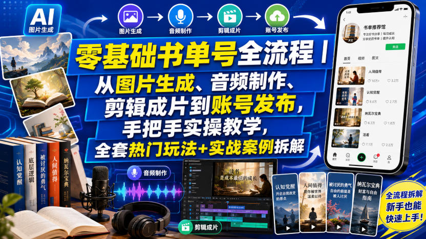 零基础书单号全流程｜从图片生成、音频制作、剪辑成片到账号发布，手把手实操教学，全套热门玩法+实战案例拆解-创业资源网