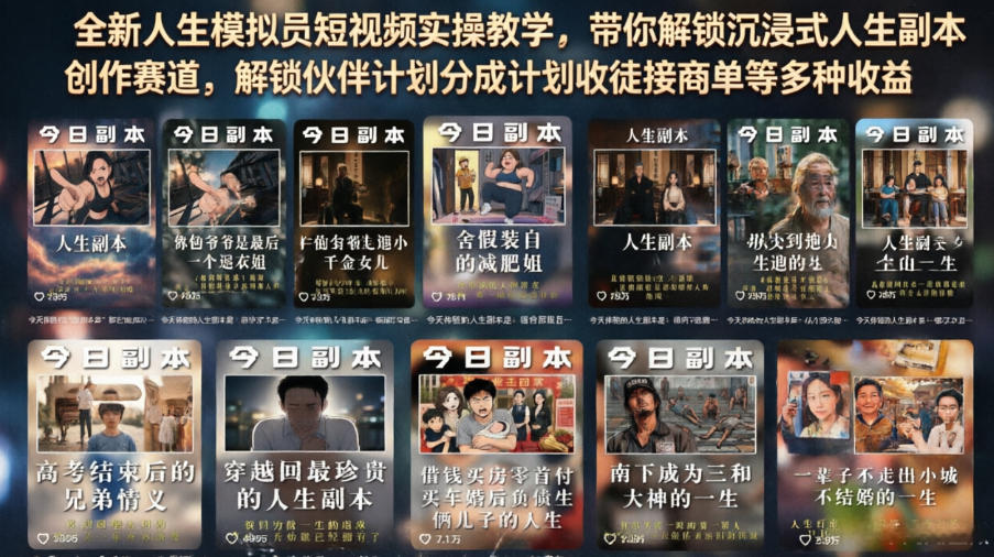 全新人生模拟员短视频实操教学，带你解锁沉浸式人生副本创作赛道，解锁伙伴计划分成计划收徒接商单等多种收益-创业资源网