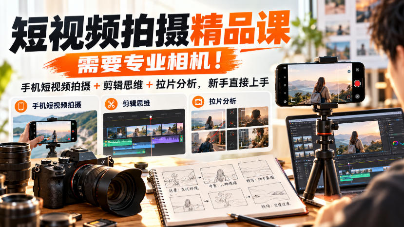 短视频拍摄精品课，需要专业相机！手机短视频拍摄+剪辑思维+拉片分析，新手直接上手-创业资源网