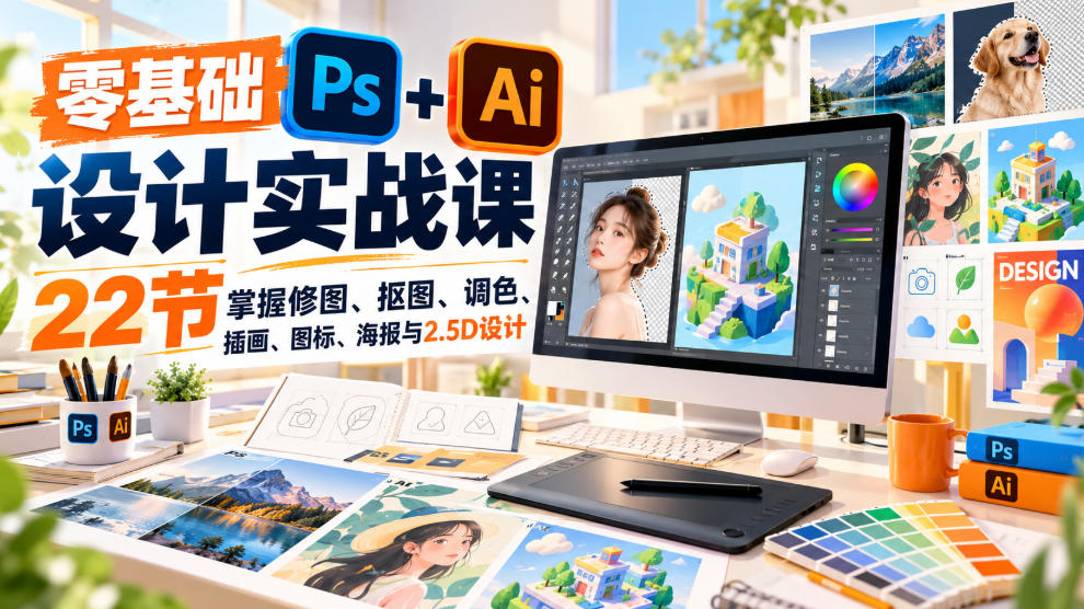 【无水印】零基础PS+AI设计实战课|22节掌握修图、抠图、调色、插画、图标、海报与2.5D设计-创业资源网