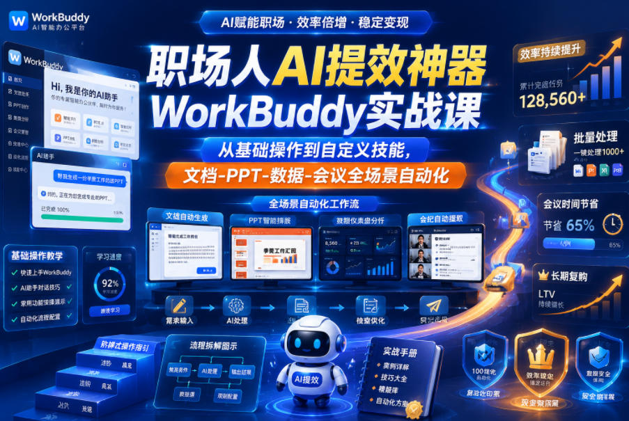 职场人AI提效神器WorkBuddy实战课，从基础操作到自定义技能，文档-PPT-数据-会议全场景自动化-创业资源网