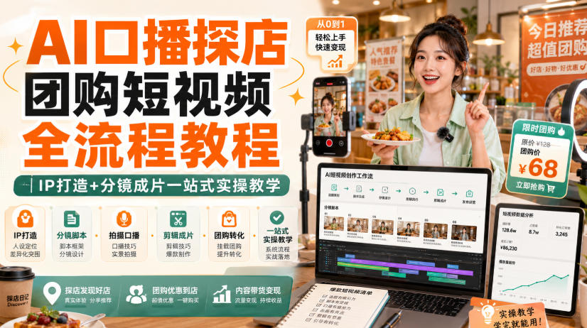 AI口播探店团购短视频全流程教程|IP打造+分镜成片一站式实操教学 AI口播探店团购短视频全流程教程|IP打造+分镜成片一站式实操教学