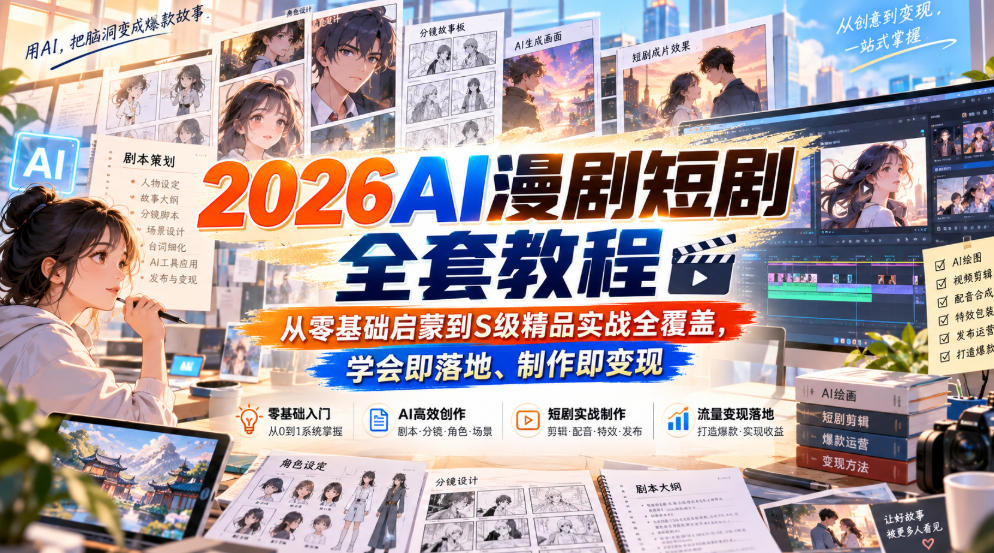 2026AI漫剧短剧全套教程,从零基础启蒙到S级精品实战全覆盖,学会即落地、制作即变现-创业资源网