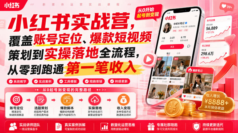 小红书实战营，覆盖账号定位、爆款短视频策划到实操落地全流程，从零到跑通第一笔收入-创业资源网