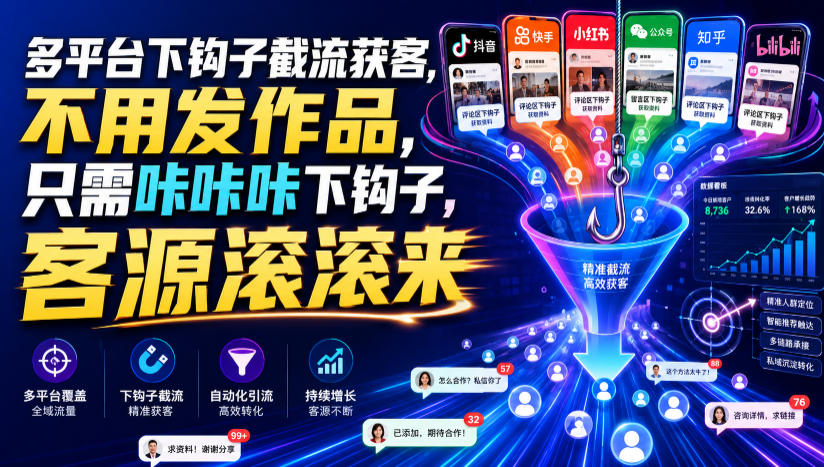 多平台下钩子截流获客，不用发作品，只需咔咔咔下钩子，客源滚滚来-创业资源网