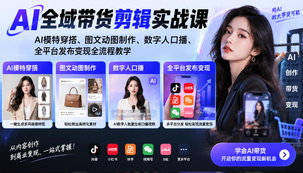 AI全域带货剪辑实战课｜AI模特穿搭、图文动图制作、数字人口播、全平台发布变现全流程教学-创业资源网