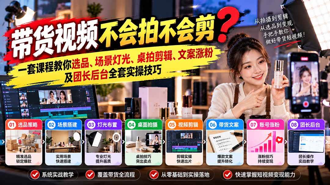 （20980期）带货视频不会拍不会剪？一套课程教你选品、场景灯光、桌拍剪辑、文案涨粉及团长后台全套实操技巧 复制标题-创业资源网