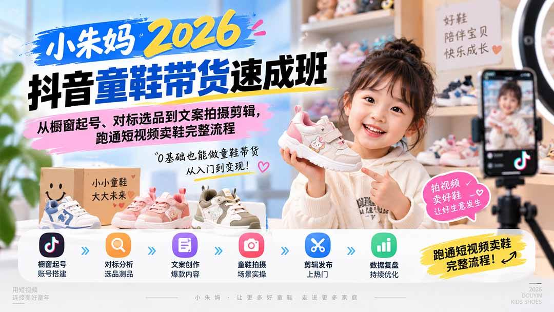 （20267期）小朱妈2026抖音童鞋带货速成班：从橱窗起号、对标选品到文案拍摄剪辑，跑通短视频卖鞋完整流程-创业资源网