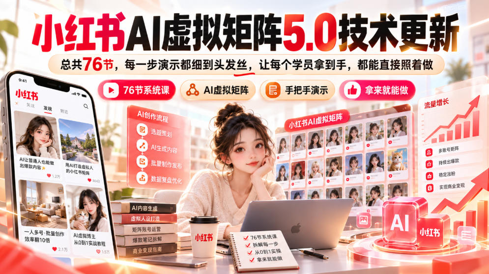 小红书AI虚拟矩阵5.0技术更新，总共76节，每一步演示都细到头发丝，让每个学员拿到手，都能直接照着做-创业资源网